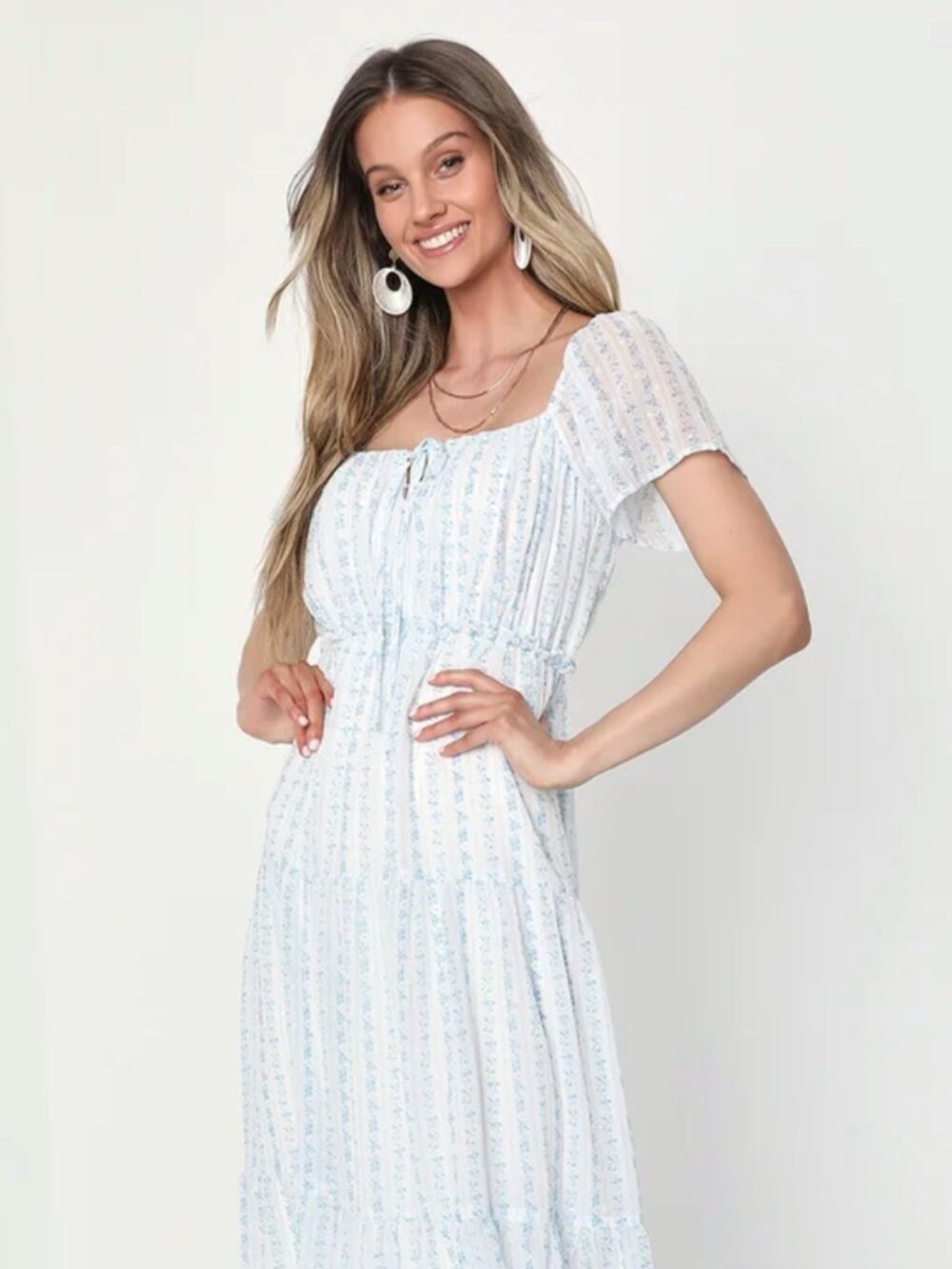 NWT Lulu's Beautiful Inspiration White Floral Swiss Dot Tiered Midi Dress Large